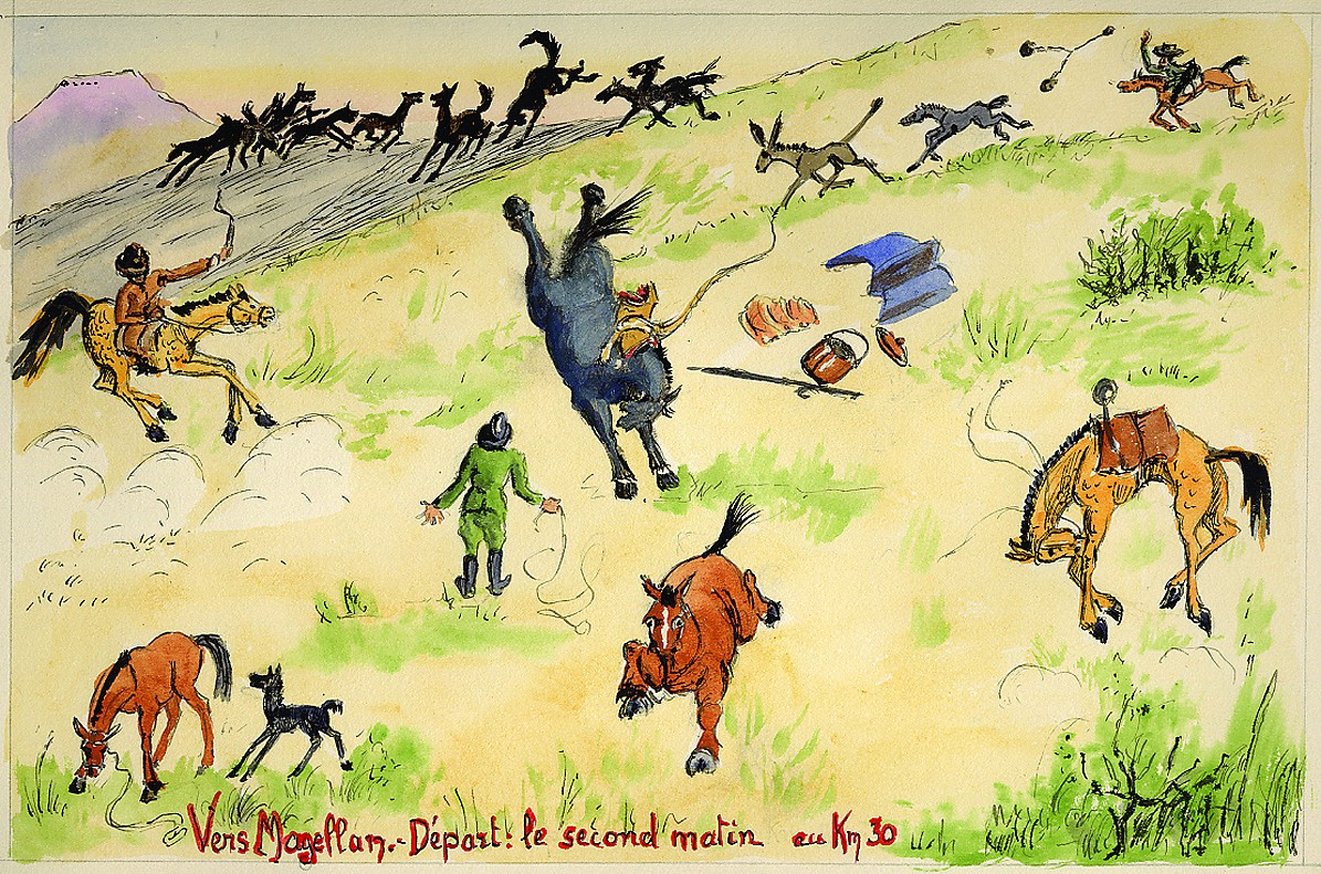 Acuarela de una jornada de campo con jinetes, animales y trabajadores