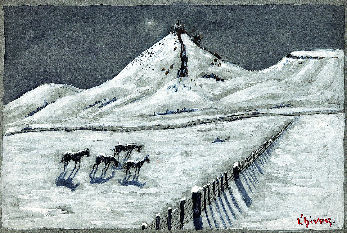 Acuarela de caballos avanzando por la nieve en la cordillera