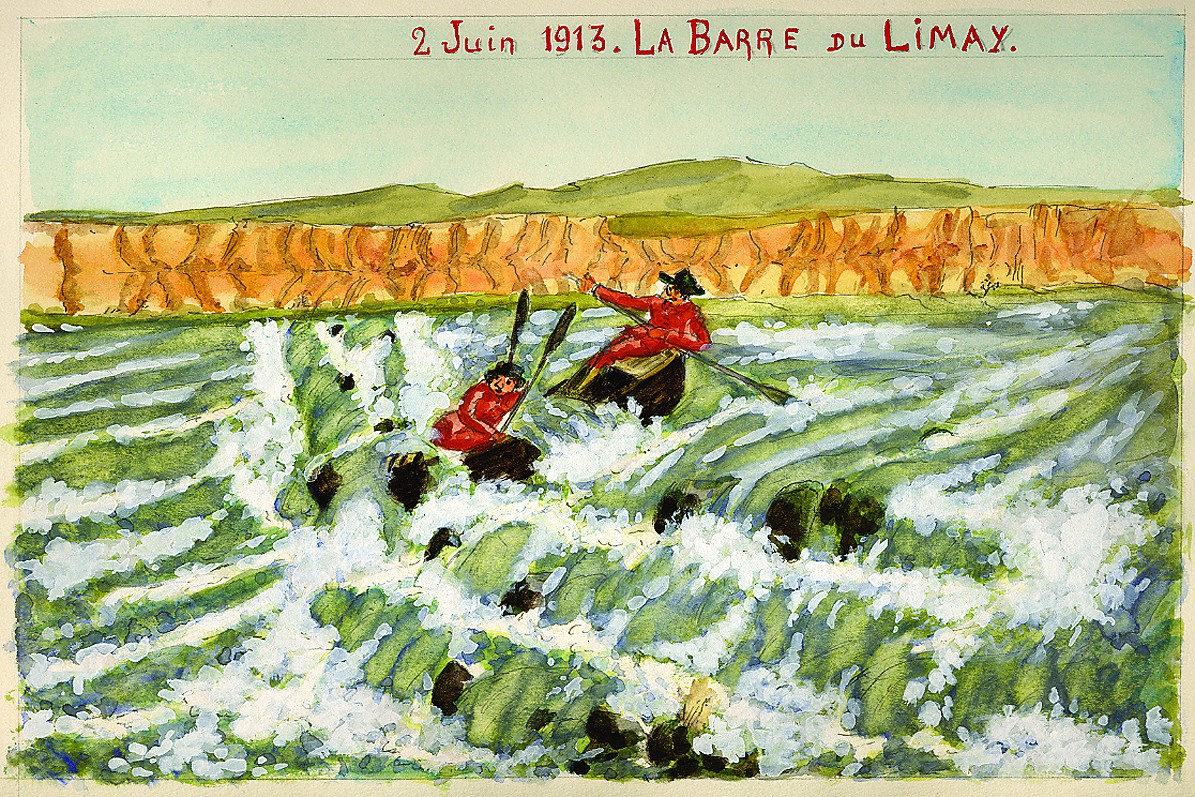 Acuarela de hombres cruzando las aguas del río Limay