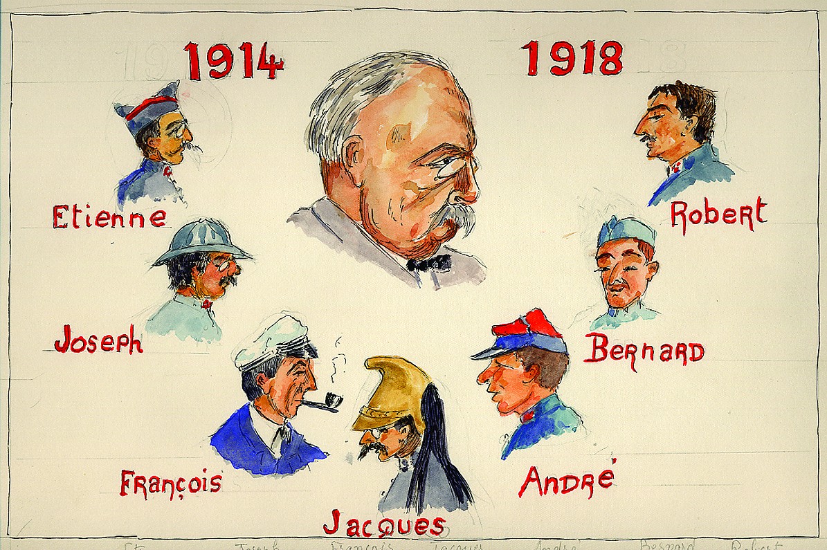 Retratos ilustrados de Jean de Larminat y sus siete hijos