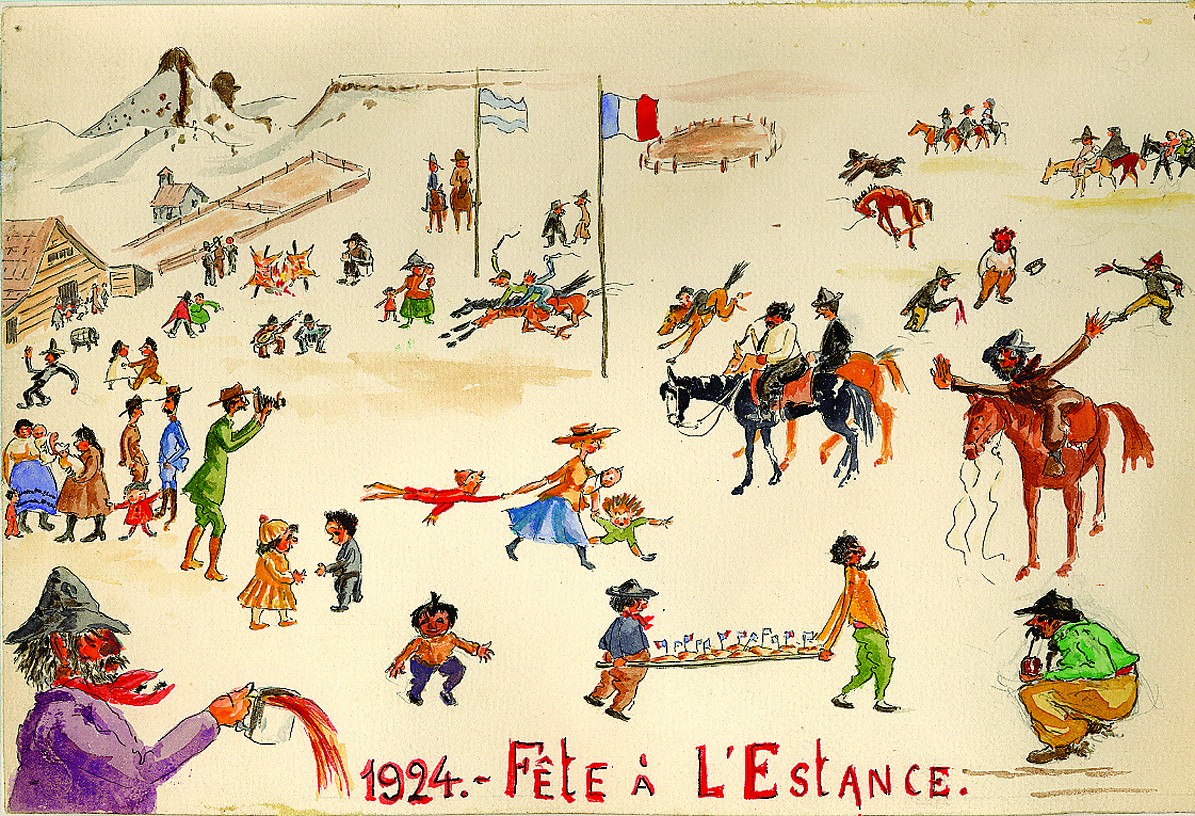 Acuarela de una celebración multitudinaria en la estancia en 1924